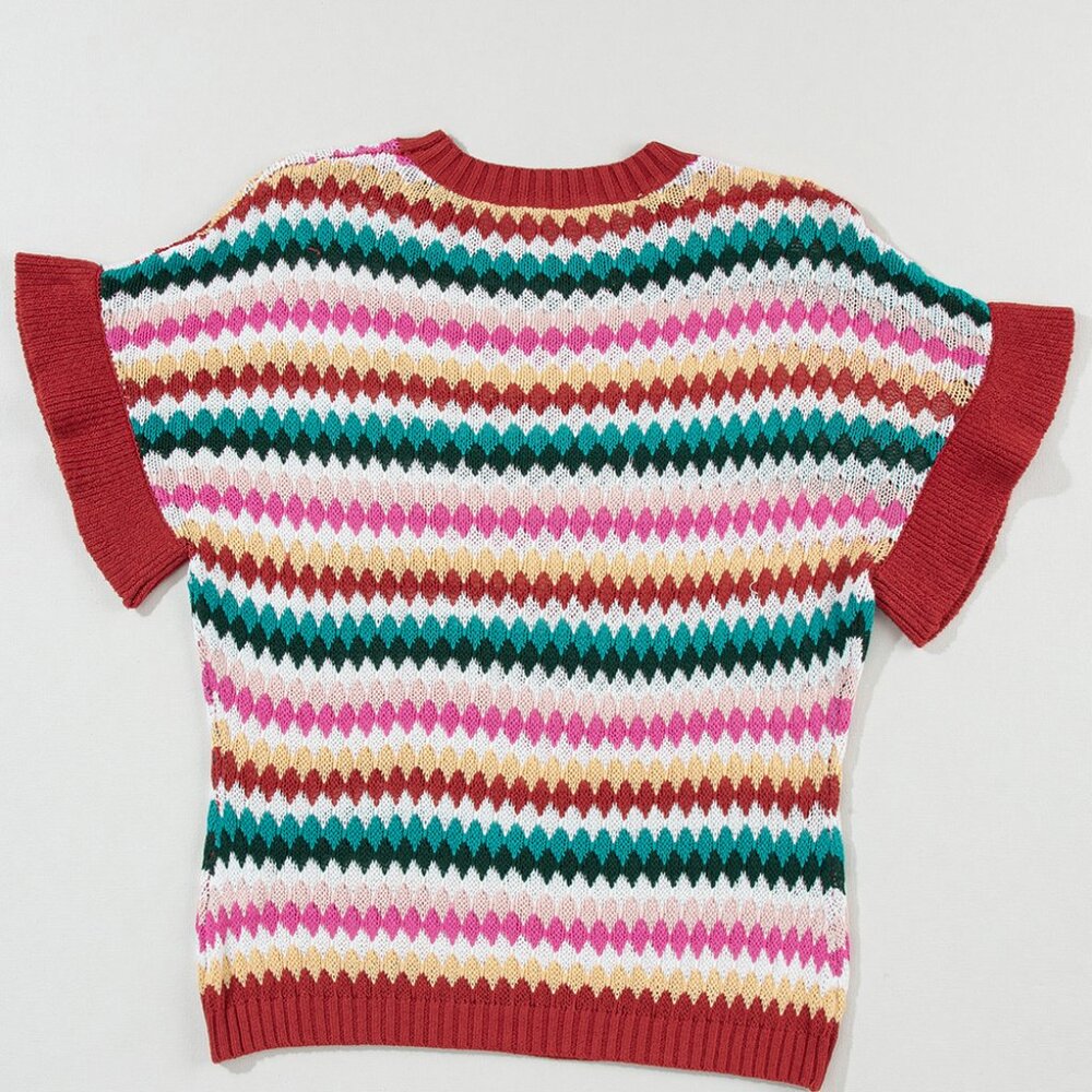 Fiery Red Trimmed Ruffle Sleeve Colorful Textured Sweater